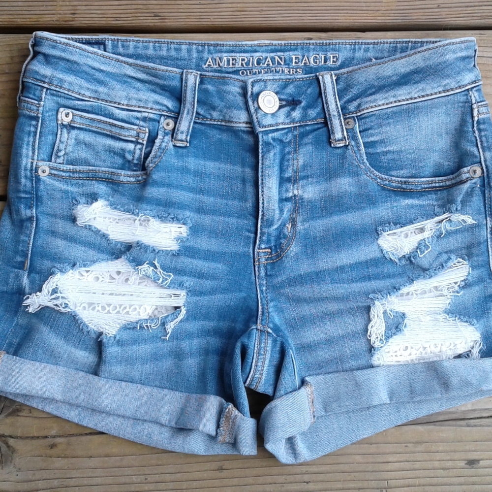american eagle midi destroyed blue jean short lace - Picture 2 of 6